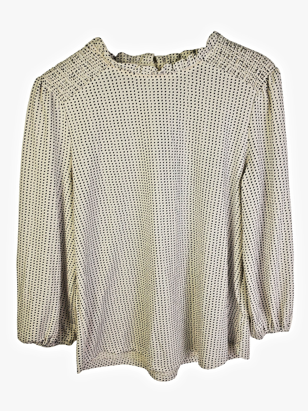 Adrianna Papell White & Black Polka Dot Smocked Ruffle Neck Blouse. MED. #386